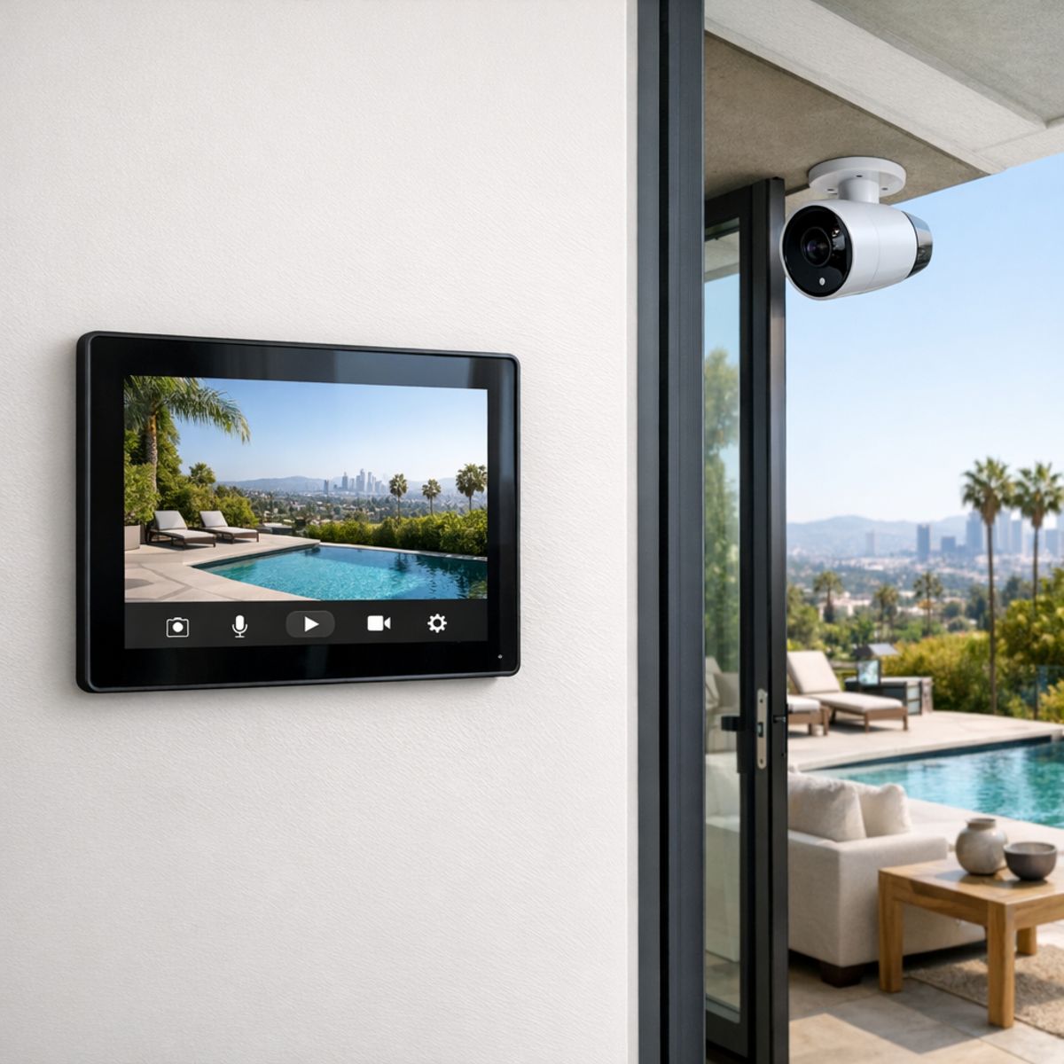 Modern touch panel and exterior security camera in upscale smart home living room
