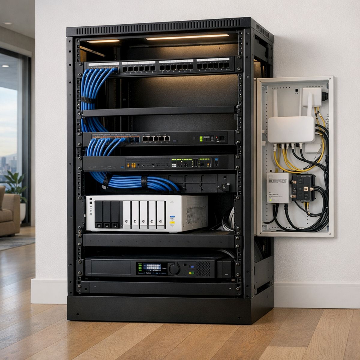 Partially wired home networking rack in modern upscale residential setting