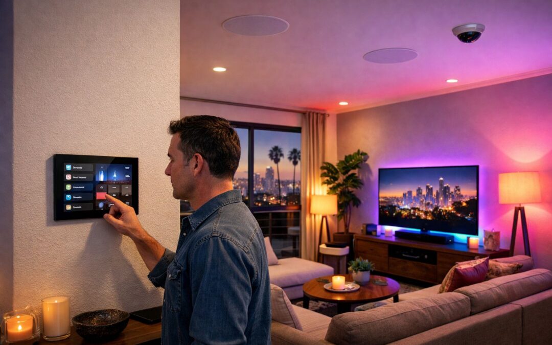 Modern LA living room with integrated smart home tech, including wall panel, ceiling speakers, security cameras, and smart