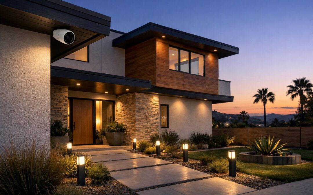 Smart outdoor security camera professionally installed on modern Los Angeles home exterior with smart lighting at dusk