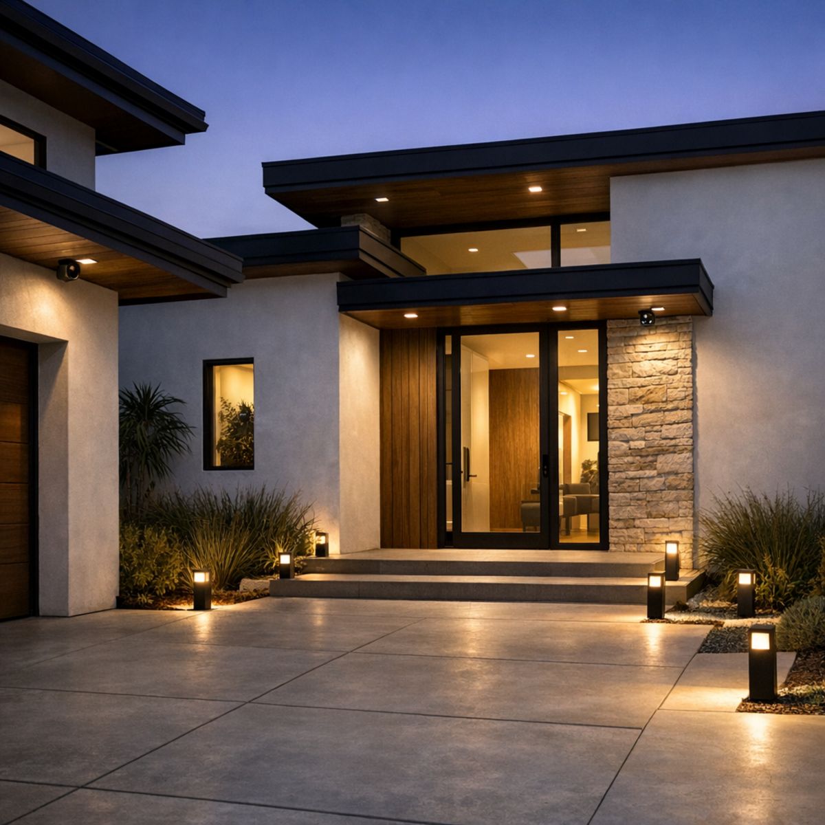 Modern Los Angeles home entry with smart lighting and discreet outdoor security cameras at dusk