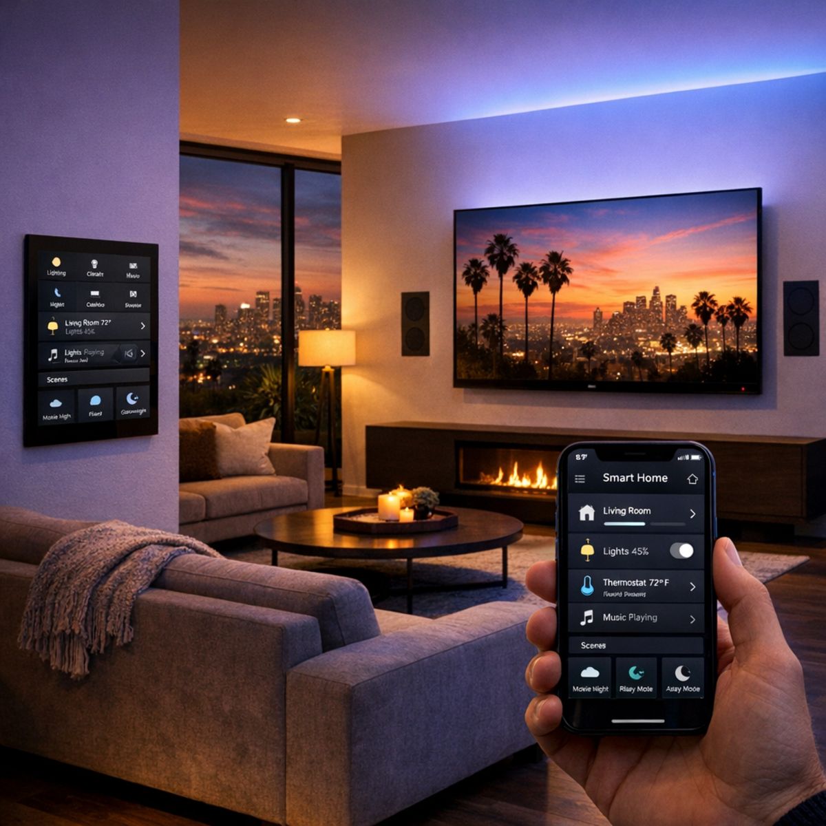 Modern living room with smart lighting, TV, speakers, and mobile control on secure network