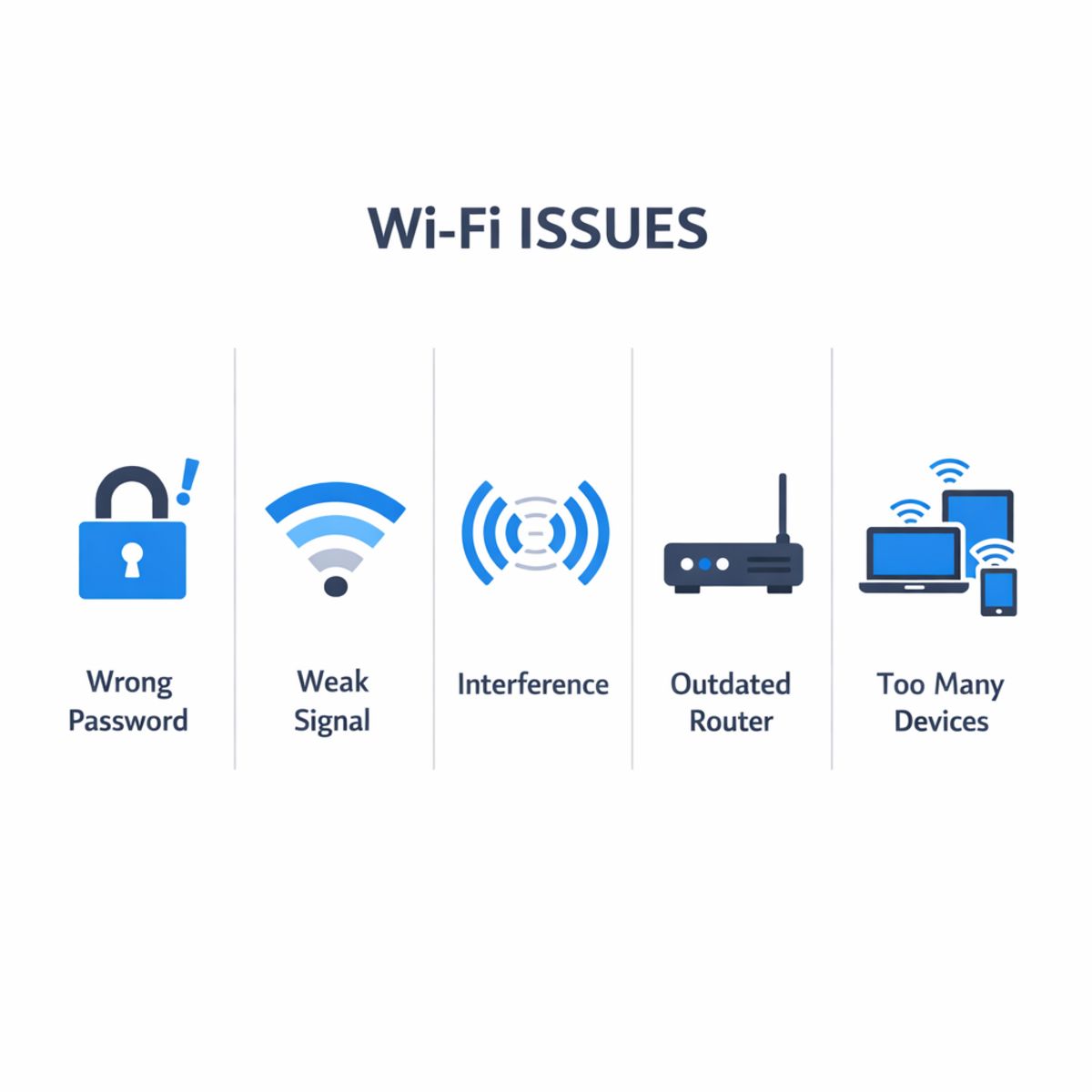 Infographic comparing icons for common Wi-Fi issues: password, signal, interference, router, device overload.