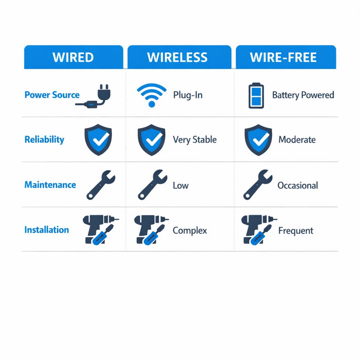 Infographic comparing wired, wireless, and wire-free outdoor camera setups by power, reliability, maintenance, and
