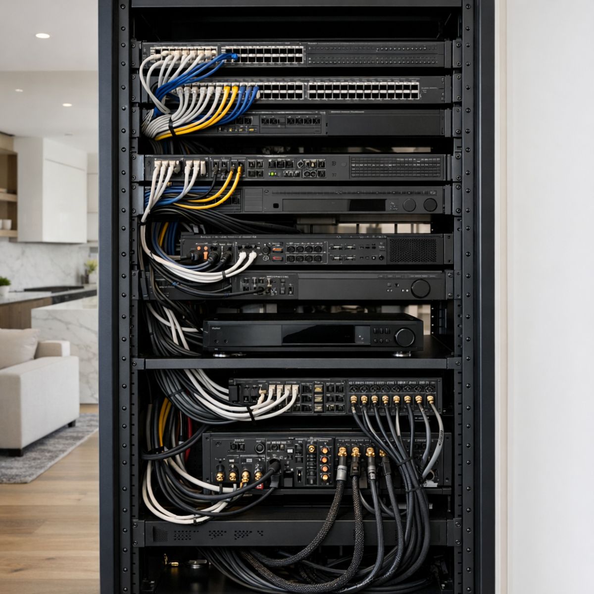 Professionally organized partially wired home theater rack in a modern upscale home