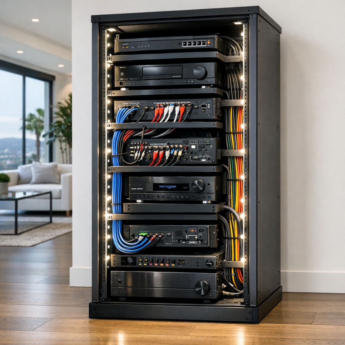 partially wired home theater rack with organized cables and AV components in a modern upscale living room