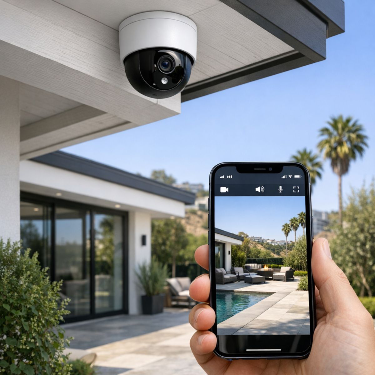 Modern under-eave smart camera on luxury Los Angeles home with smartphone monitoring feed visible