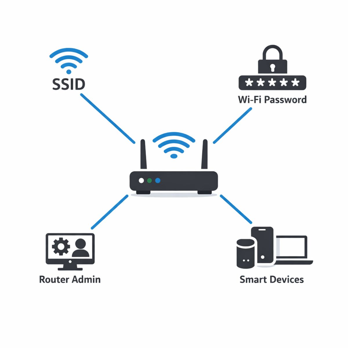 Radial diagram of WiFi router with SSID, password, admin login, and smart devices.