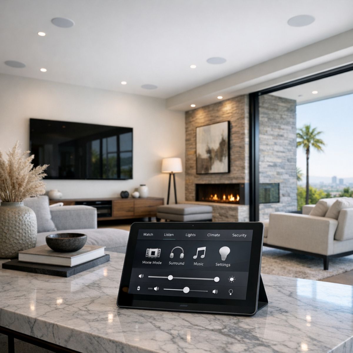 Upscale LA living room with tablet theater controls and integrated smart speakers