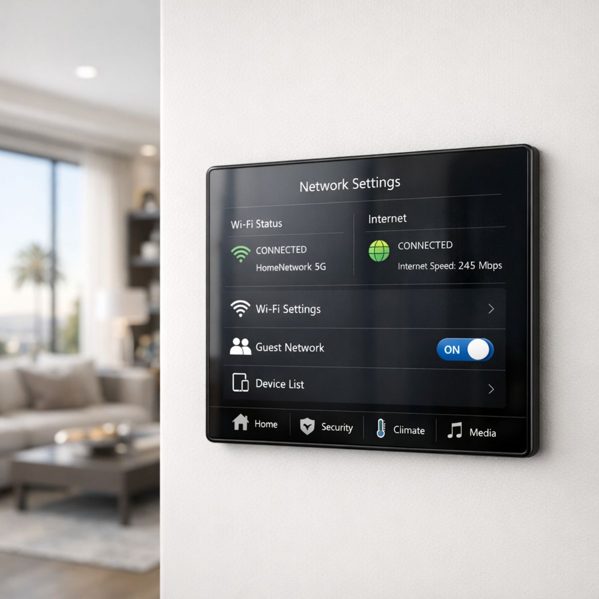 Smart home wall-mounted touch panel showing network settings in a modern upscale living room