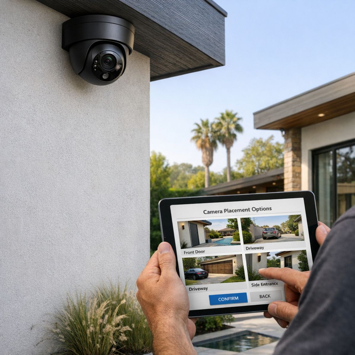 Technician reviewing security camera placement on tablet beside modern exterior wall with mounted camera