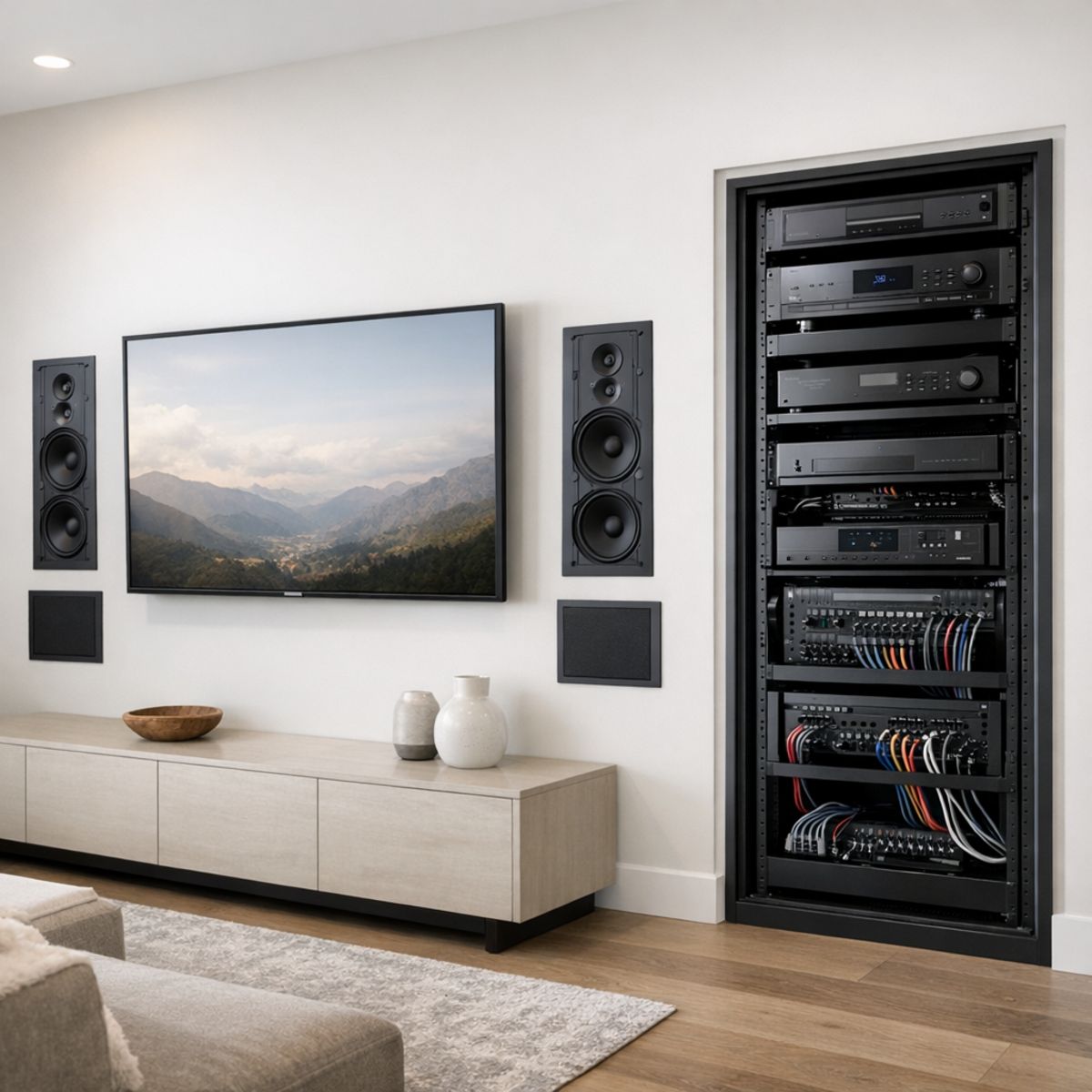 Modern LA media room with in-wall speakers, clean AV rack, and wall-mounted touch control panel