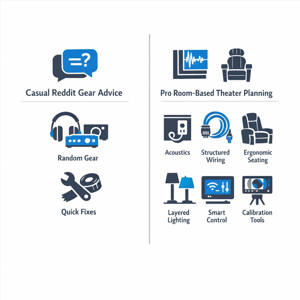 Comparison infographic of Reddit gear advice vs. professional home theater planning.